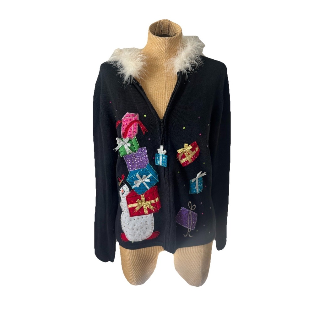Vintage‎ Tiara  Zip Christmas Holiday Sweater Black Feather Collar Snowman Sz L